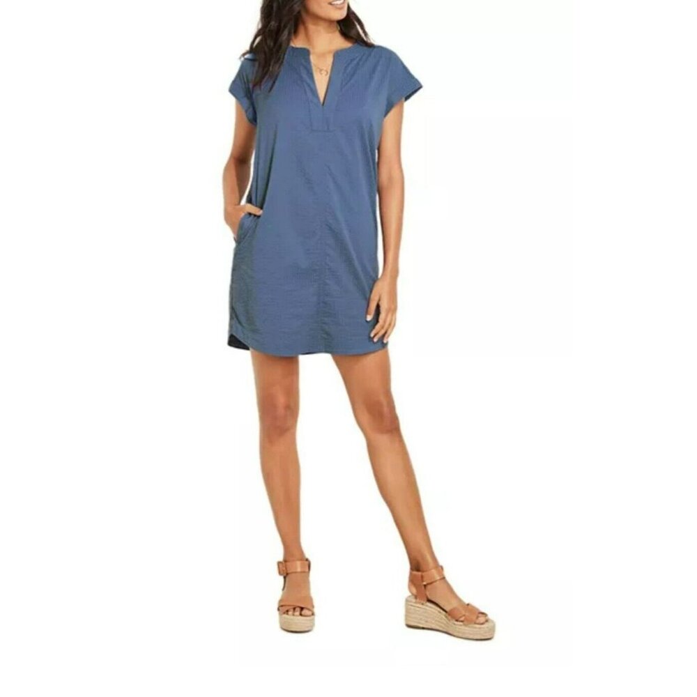 Vineyard Vines Margo Seersucker Shift Dress Size Medium V-Neck Pockets Blue